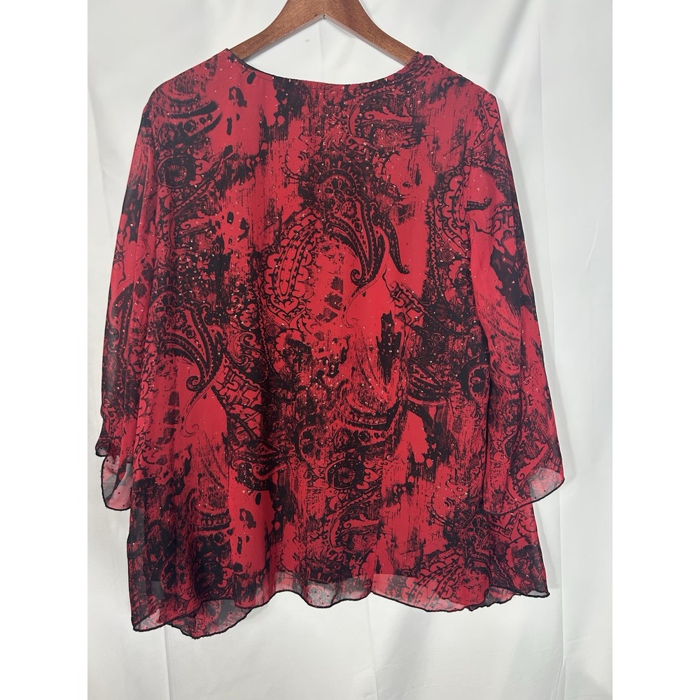 Rebecca Malone Womens Floral Red Black Holiday Party Top Sparkle Flowy‎ Size 2X - Picture 7 of 11